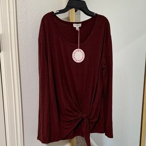 Umgee Long Sleeve Tie-Front Top in Deep Burgundy